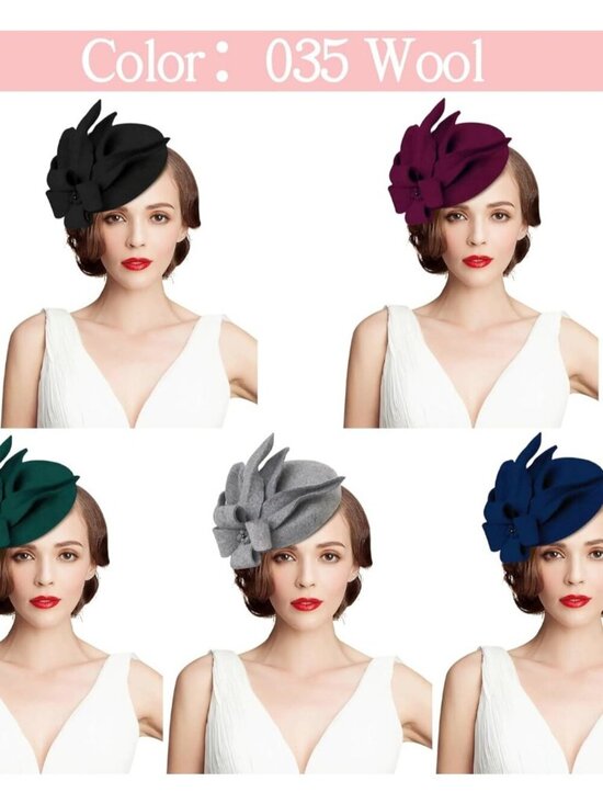 Women\'s Wool Felt Flower Pillbox Hat British Wedding Church Derby Hats Wine Red main image 5